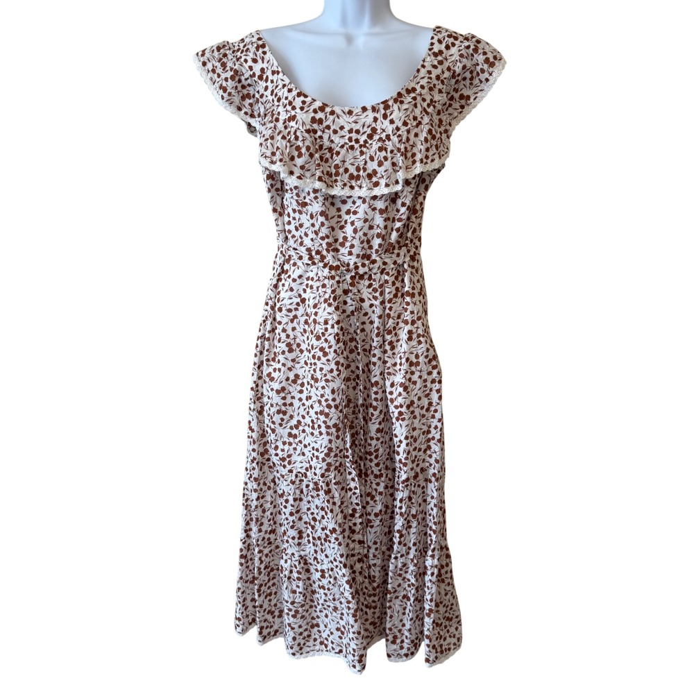 RIXO Floral Midi Dress Cotton‎ Ruffle Neck Tie Waist Cottagecore Women M Tiered